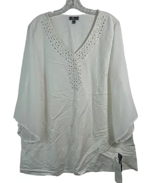 JM Collection White Linen Blend Embellished‎ V-Neck Tunic Top XL FLAW thumbnail 1