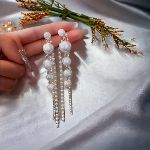 Faux Pearl Shiny Rhinestone Chain Tassel Design Dangle‎ Earrings Elegant Fashion thumbnail 6