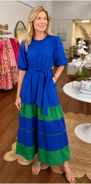 Maude Vivante Miley Dress Womens Small Blue Green Colorblock Tiered Maxi Belted thumbnail 1