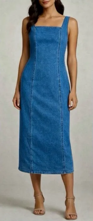 Habitual medium wash denim Stretch midi dress sleeveless fall transition Large thumbnail 1