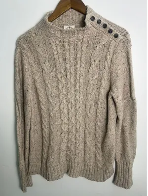 St Johns Bay Wm LG Cable Knit Sweater Tan Marl Button Shoulder Mock Neck Indie thumbnail 1