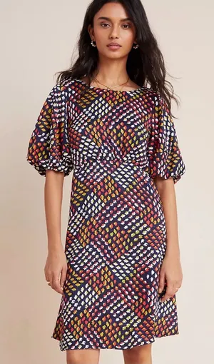 NWT ANTHROPOLOGIE MAEVE Melody Geometric Puff Sleeve Mini Dress Sz S thumbnail 1