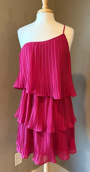 ZESICA Fuchsia One Shoulder Pleated Tiered Ruffle Mini Dress L thumbnail 1