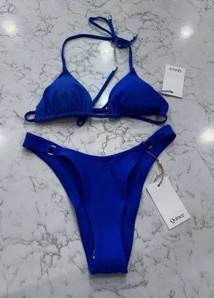 NWT Quince Electric Blue Italian High Leg Ring Bikini Bottoms & Triangle Top XS thumbnail 1