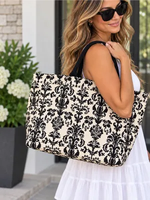 Canvas Damask Tote Bag in Black and Cream thumbnail 2