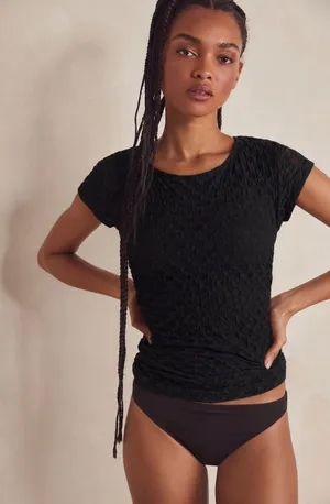FREE PEOPLE Intimately Textured Mesh Black Ruched Short Sleeve Top Womens Small thumbnail 1
