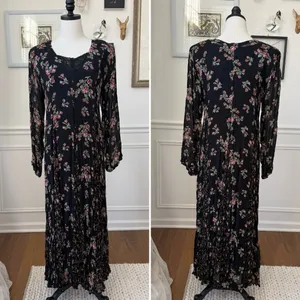 Vintage 90s Starina Feminine Witchy Boho Black Floral Maxi Dress M thumbnail 2