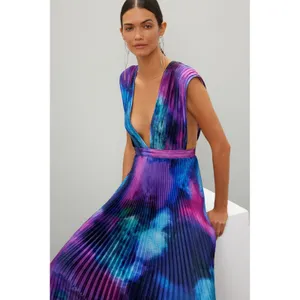 L'IDÉE Printed Gala Gown Pleated Deep Sea Blue Purple Tie Dye Maxi Dress 8 thumbnail 8