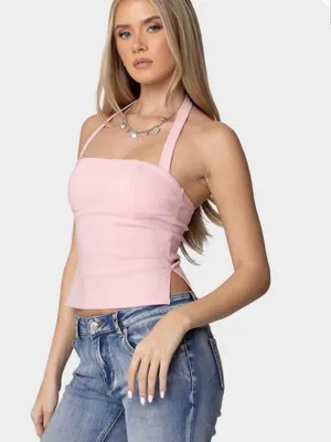 EDIKTED Dara Halter Top Baby Pink Summer Sleeveless Crop Festival Coquette XS thumbnail 2