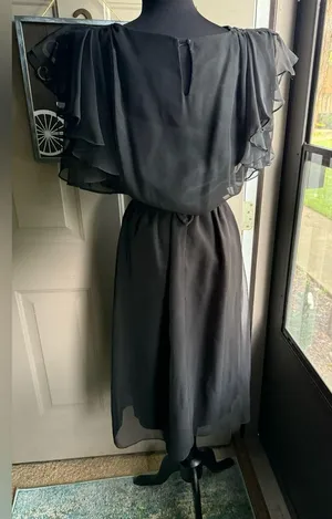 Vintage 60/70s black chiffon flutter sleeve belted dress, size medium large thumbnail 1