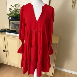 POMANDER PLACE Red Crepe Kenzo Tiered Dress Size Medium‎ thumbnail 4