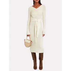The Line by K Kane Knit Midi Dress Cream M Cutout Back Tied Waist Wrap V Neck thumbnail 2