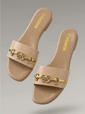 Women's Beige Slide Sandals with Gold Accent thumbnail 1