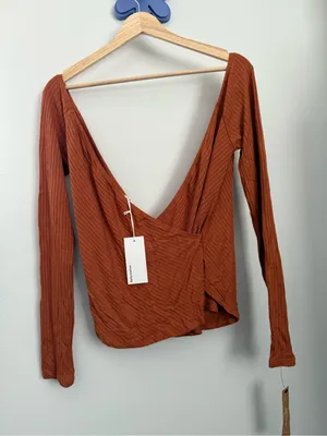 Reformation Large NEW Minnie Top Cider Cinnamon Rib Fitted Surplice Fall Autumn thumbnail 1