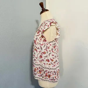 Old Navy Women Cream Pink Floral V-Neck Semi Flared Sleeves Relaxed Fit Blouse M thumbnail 7