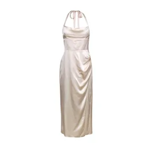 Reformation Solana Satin Dress Almond Beige Halter Midi‎ Cowl Neck 8 NEW Bridal thumbnail 4