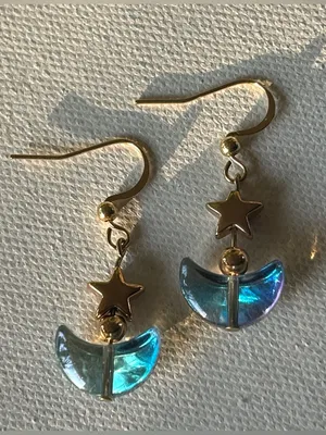 Handmade Gold Star Drop Earrings with Blue Crescent Moon thumbnail 3