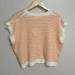 Knit Mix Sweater Vest White Orange Striped Textured Knit Boxy Preppy Coastal L thumbnail 3