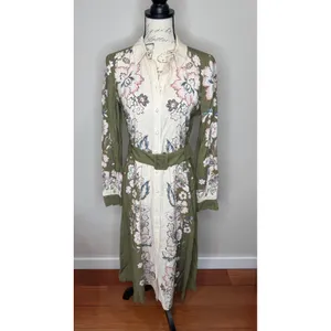 Sézane Button Down Floral Khaki Green Cream Belted Shirt Dress Sz 34 XS thumbnail 2