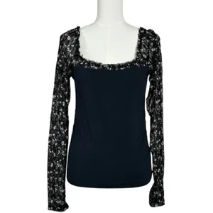 Free People Dainty Coquette Scoop Neck Josie Long Lace Sleeve Top Black Large thumbnail 7
