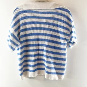 LOFT Striped Short Sleeve Collared Knit Pullover Sweater White Blue Large thumbnail 5