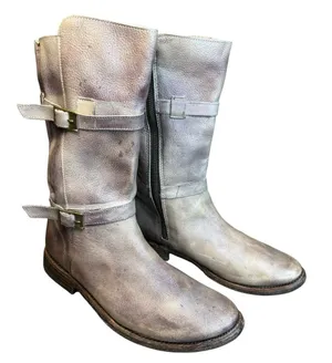 💜 Bed|Stu Gray-Purple Distressed Leather Moto Boots 👢 Women’s Buckle Mid-Calf 💜 thumbnail 1