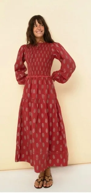 Sonmer Camila Dress Womens Small Burgundy Boho Smocked Eyelet Lace Maxi Floral thumbnail 1
