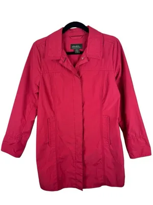 Eddie‎ Bauer Coral Pink Collared Button Up Lined Rain Jacket Pockets Size M thumbnail 1