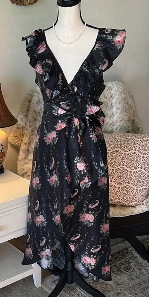 Love shack fancy cosmo rare black floral ruffle silk high low midi dress M L​​ thumbnail 1