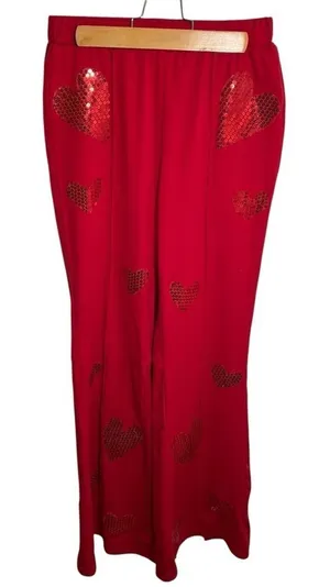 Women's Pull On Pant Red Sequin Hearts Slit Hem Back Stretch Mid thumbnail 1