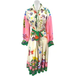 Women's Multicolor Graphic Long Balloon Sleeve Belted Maxi Shirt Dress Size XXL thumbnail 2