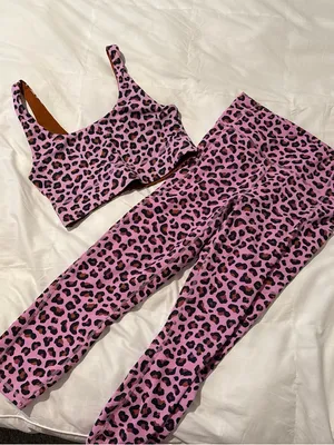 Fabletics Pink Leopard Print Leggings & Sports Bra Set thumbnail 1
