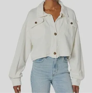 Free People Women's‎ White Collared Long Sleeve Cropped Shirt Jacket Size L thumbnail 1