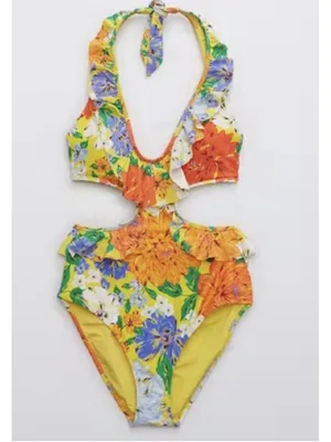 Aerie Yellow Floral Monokini Floral Ruffle Halter One Piece Swimsuit Large thumbnail 3