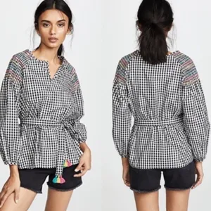 Madewell Smocked Black & White Checkered Gingham Tassel Top with Embroidery S thumbnail 2
