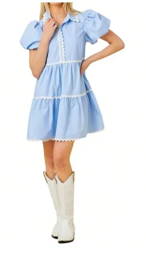 Mainstrip Puffed Sleeve Ric Rac Trimmed Solid Mini Dress‎ Blue Size Large thumbnail 1