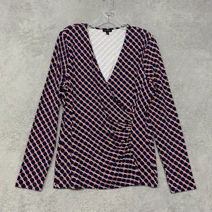 Talbots‎ Shirt Womens Large Blue Red V Neck Pullover Ruched Knit Stretch Classic thumbnail 1