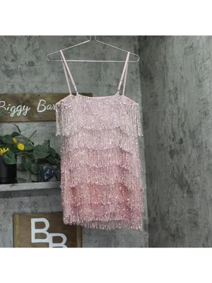 NWT Aqua X Salvatore Rizza Womens Tiered Ombre Fringe Lined Mini Dress Pink S thumbnail 3