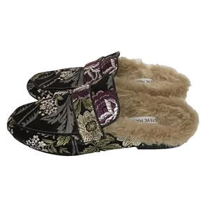Steve‎ Madden Kaden Mules Women 7.5 Black Floral Brocade Faux Fur Lined KADE01S1 thumbnail 3