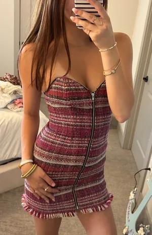 Revolve NBD Strapless Pink Tweed Zip-Front Mini Dress thumbnail 1