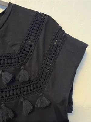 LOFT black short sleeve shirt with crochet and fringe tassel details size medium thumbnail 5
