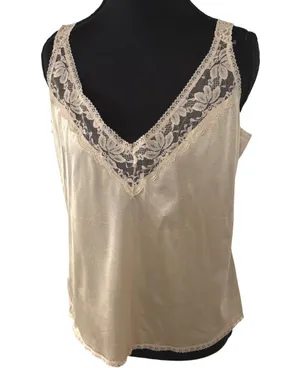Y2K Beige Lace Sexy Lingerie Top Silky Flowy Whimsical Blouse Womens 38 thumbnail 1