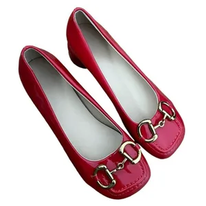 Vintage red shoes gold buckle circle heels comfortable fancy formal thumbnail 1