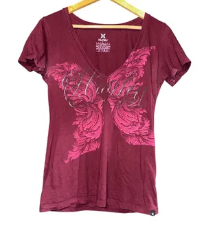 Hurley Y2K Deep Scoop V Neck Size Large Red Logo Short Sleeve Distressed ~Flawed thumbnail 1