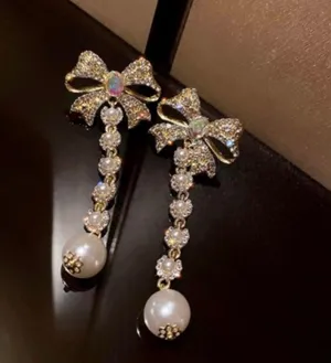 Women's Pearl Rhinestone Bow Tassel Dangle Drop Earrings Gold thumbnail 1