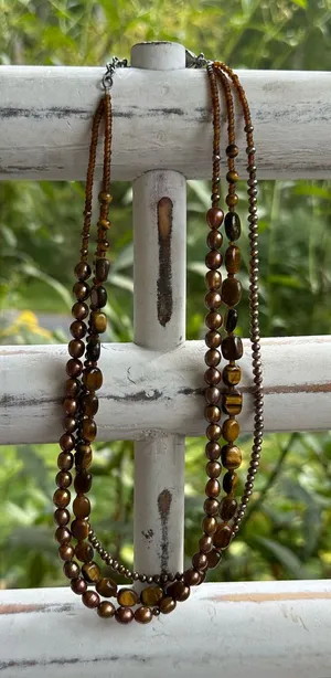 NWT Peyote Bird 3 strand tigers eye, copper, pearl necklace thumbnail 1