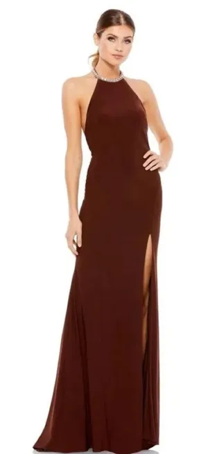 Mac Duggal‎ Halter Jersey Gown Chocolate Brown thumbnail 1
