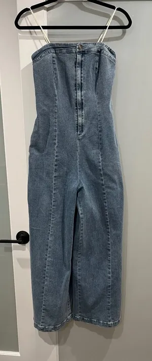 Denim Jumpsuit Women's Small‎ Blue Strapless Wide Leg Pockets thumbnail 1