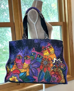 Laurel Burch Laurel's Garden Cats Floral Large Canvas Tote Bag Purple 20" thumbnail 1
