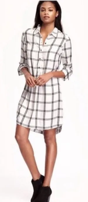 Old Navy Sz L Plaid White Black Shirt Midi Dress for Women V Neck Stretch Pocket thumbnail 1